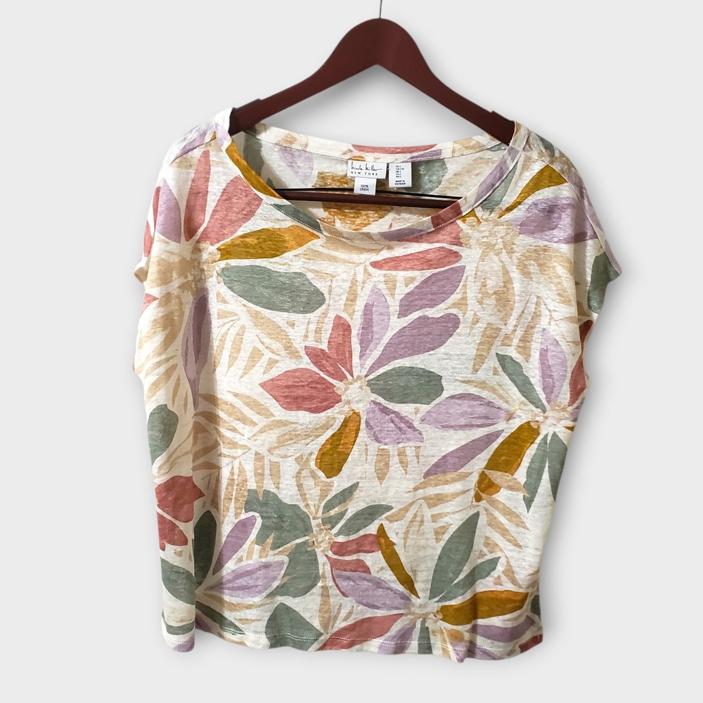 Nicole Miller New York 100% Linen Floral Print Cap Sleeve Top Multicolor Size L